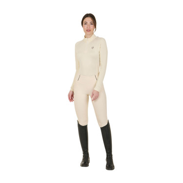 Capa base ajustada de manga larga para mujer en tejido técnico Equestro Blanco antiguo / marrón