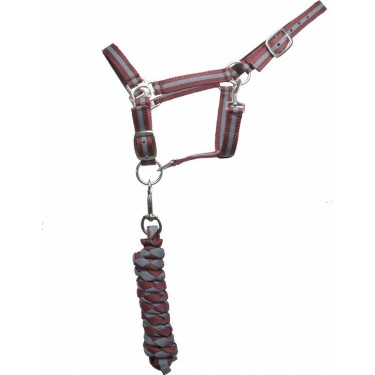 Cabezada de cuadra sintetica con ramal americano T de T Burdeos / gris