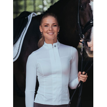 Polo de concurso Equestrian Stockholm Light Breeze para mujer de manga larga con protección UV Blanco perfección Polo de concurso Equestrian Stockholm Light Breeze para mujer de manga larga con protección UV Blanco perfección