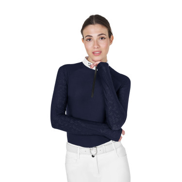 Polo de concurso slim fit para mujer con inserciones de malla Equestro Americana marina Azul marino