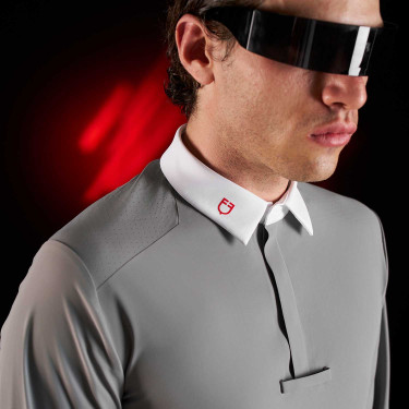 Polo de concurso para hombre Equestro Ridertechnology de manga larga con botones Pájaro burlón Gris