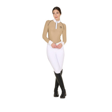 Polo de concurso Mujer de Manga Larga con Inserciones de Malla Equestro Beige