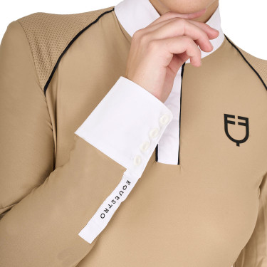 Polo de concurso Mujer de Manga Larga con Inserciones de Malla Equestro Beige