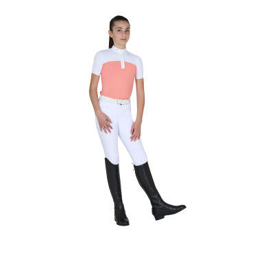 Polo de niña de concurso con mangas cortas y botones con malla Equestro Flor del desierto Rosa