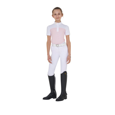Polo de niña de concurso con mangas cortas y botones con malla Equestro Bailarina Rosa