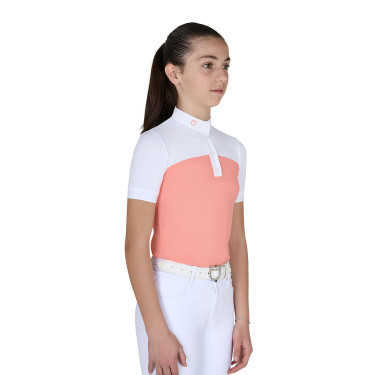 Polo de niña de concurso con mangas cortas y botones con malla Equestro Flor del desierto Rosa