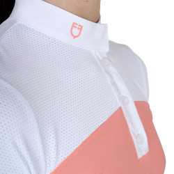 Polo de niña de concurso con mangas cortas y botones con malla Equestro Flor del desierto Rosa