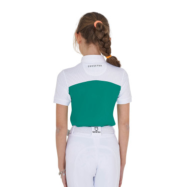 Polo de niña de concurso con mangas cortas y botones con malla Equestro Verde ultramar