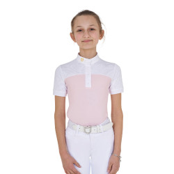 Polo de niña de concurso con mangas cortas y botones con malla Equestro Bailarina Rosa