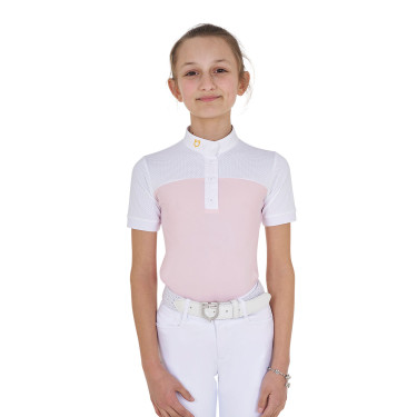 Polo de niña de concurso con mangas cortas y botones con malla Equestro Bailarina Rosa
