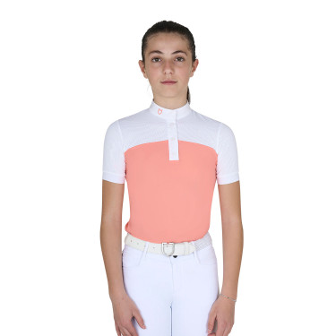 Polo de niña de concurso con mangas cortas y botones con malla Equestro Flor del desierto Rosa
