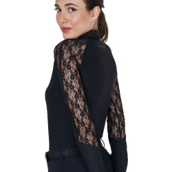 Polo de entrenamiento para mujer Equestro de manga larga con encaje Negro