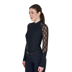 Polo de entrenamiento para mujer Equestro de manga larga con encaje Negro