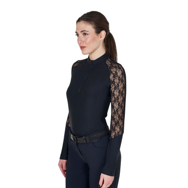 Polo de entrenamiento para mujer Equestro de manga larga con encaje Negro