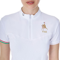 Polo de concurso para mujer elástico Equestro x FISE de manga corta Blanco