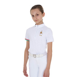 Polo de concurso para niña con cremallera Equestro x FISE de manga corta Blanco