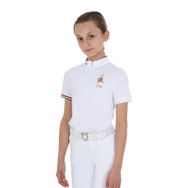 Polo de concurso para niña con cremallera Equestro x FISE de manga corta Blanco