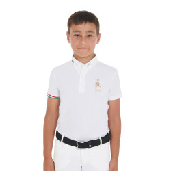 Polo de concurso para niño de cuatro botones Equestro x FISE de manga corta Blanco