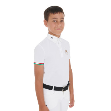 Polo de concurso para niño de cuatro botones Equestro x FISE de manga corta Blanco