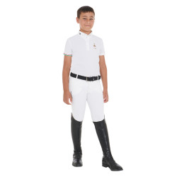 Polo de concurso para niño de cuatro botones Equestro x FISE de manga corta Blanco