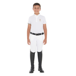 Polo de concurso para niño de cuatro botones Equestro x FISE de manga corta Blanco