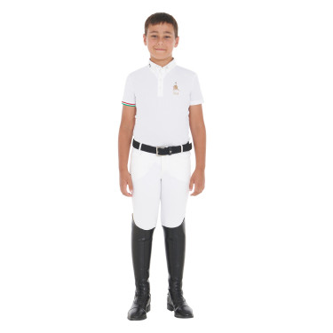 Polo de concurso para niño de cuatro botones Equestro x FISE de manga corta Blanco