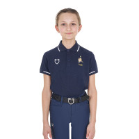 Polo infantil unisex Equestro x FISE de tejido técnico de manga corta Americana marina Azul marino