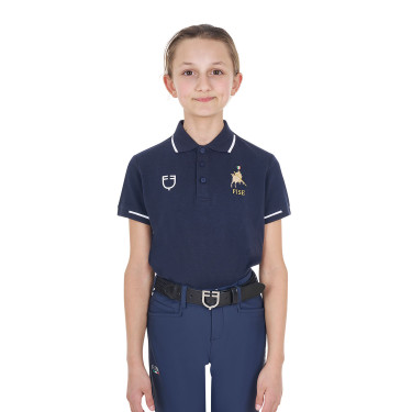 Polo infantil unisex Equestro x FISE de tejido técnico de manga corta Americana marina Azul marino