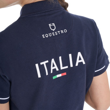 Polo infantil unisex Equestro x FISE de tejido técnico de manga corta Americana marina Azul marino