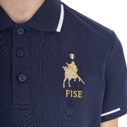 Polo infantil unisex Equestro x FISE de tejido técnico de manga corta Americana marina Azul marino
