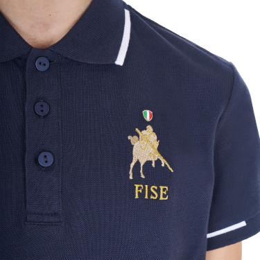 Polo infantil unisex Equestro x FISE de tejido técnico de manga corta Americana marina Azul marino