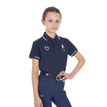 Polo infantil unisex Equestro x FISE de tejido técnico de manga corta Americana marina Azul marino