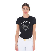 Camiseta de mujer Equestro Cannes de algodón con strass de manga corta Negro