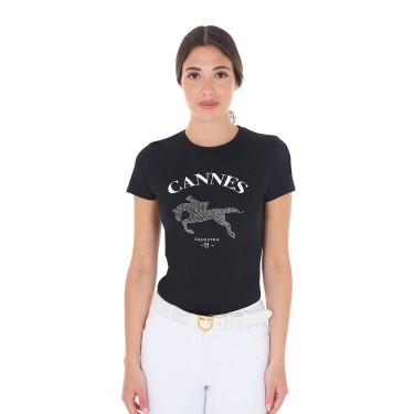 Camiseta de mujer Equestro Cannes de algodón con strass de manga corta Negro