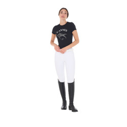 Camiseta de mujer Equestro Cannes de algodón con strass de manga corta Negro