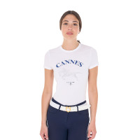 Camiseta de mujer Equestro Cannes de algodón con strass de manga corta Blanco