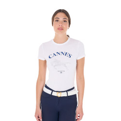 Camiseta de mujer Equestro Cannes de algodón con strass de manga corta Blanco