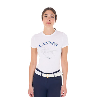 Camiseta de mujer Equestro Cannes de algodón con strass de manga corta Blanco
