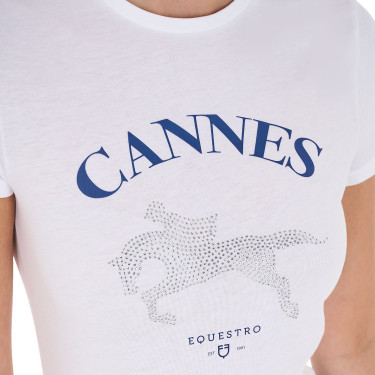Camiseta de mujer Equestro Cannes de algodón con strass de manga corta Blanco
