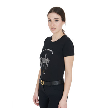 Camiseta mujer Equestro corte slim de doma con strass manga corta Negro