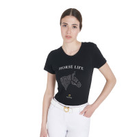 Camiseta mujer Equestro corte slim Horse Life con strass mangas cortas Negro