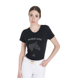 Camiseta mujer Equestro corte slim Horse Life con strass mangas cortas Negro
