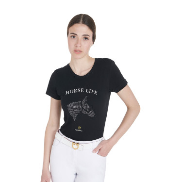 Camiseta mujer Equestro corte slim Horse Life con strass mangas cortas Negro