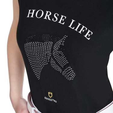 Camiseta mujer Equestro corte slim Horse Life con strass mangas cortas Negro