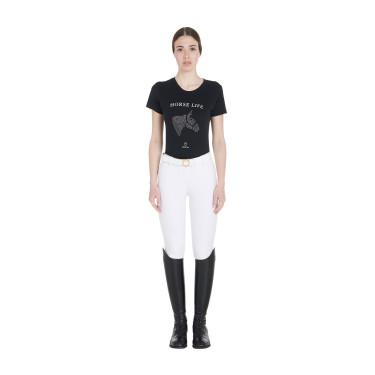 Camiseta mujer Equestro corte slim Horse Life con strass mangas cortas Negro