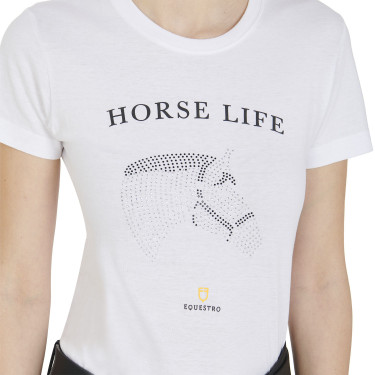 Camiseta mujer Equestro corte slim Horse Life con strass mangas cortas Blanco