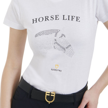 Camiseta mujer Equestro corte slim Horse Life con strass mangas cortas Blanco
