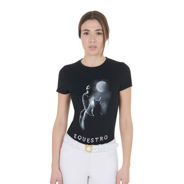 Camiseta de mujer Equestro corte slim estampado Moonlight de manga corta Negro