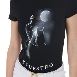 Camiseta de mujer Equestro corte slim estampado Moonlight de manga corta Negro
