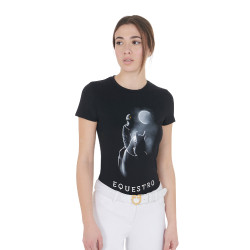 Camiseta de mujer Equestro corte slim estampado Moonlight de manga corta Negro